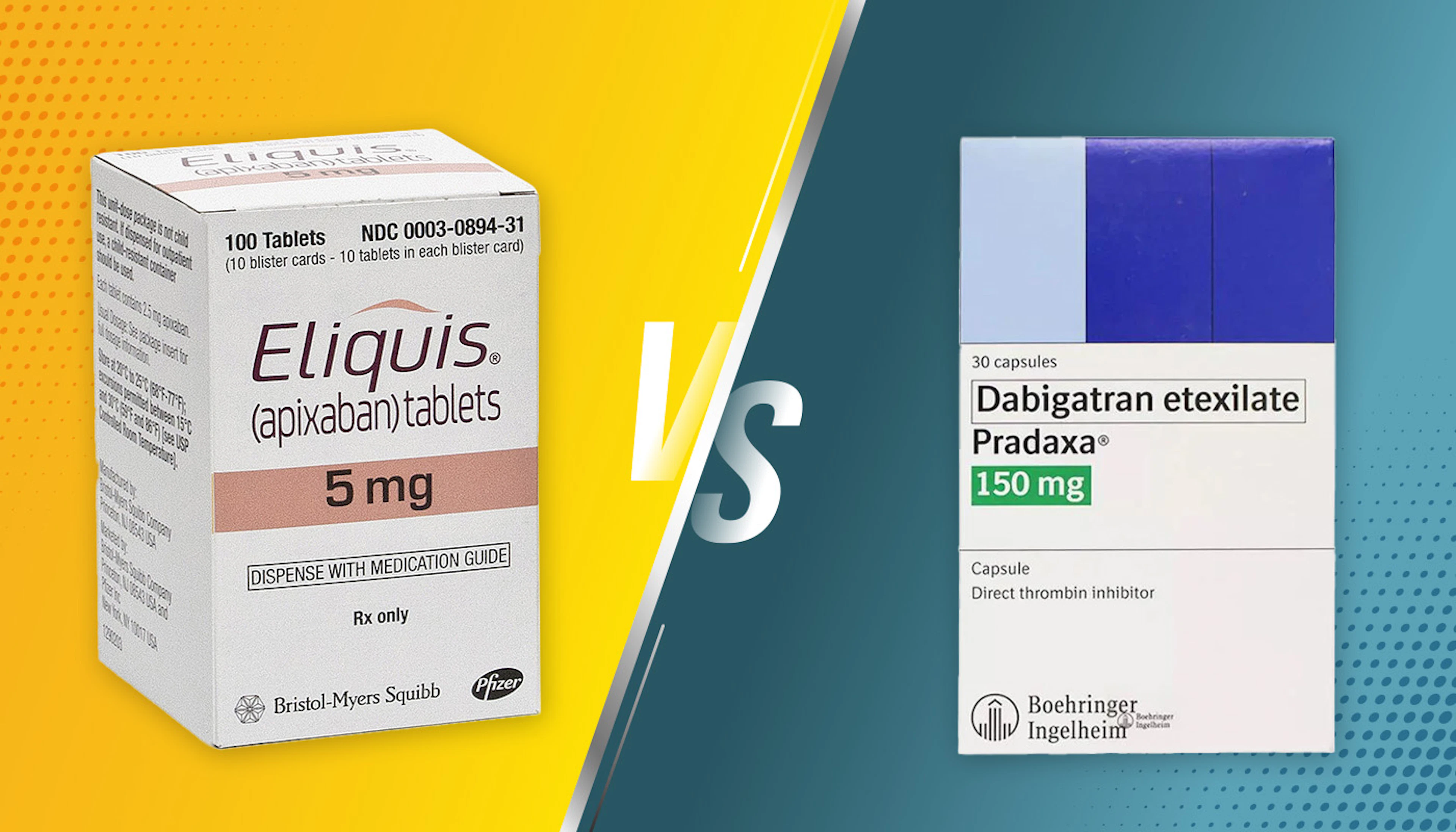 Side-by-side comparison of Eliquis and Pradaxa packaging